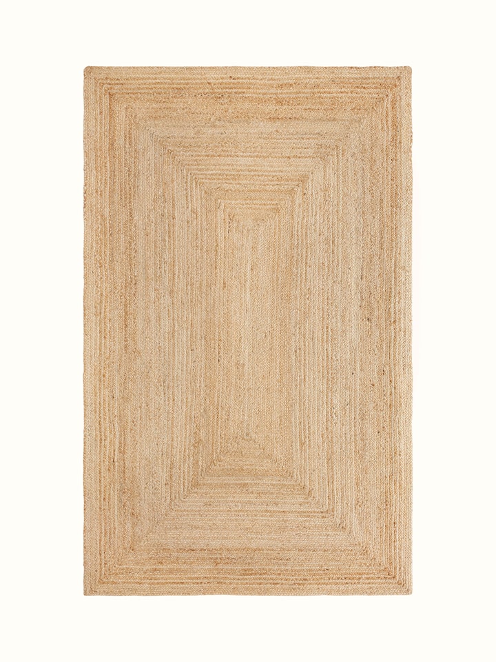 Full view of Braided Concentric Rectangle Beige Lawan Jute Natural Fibre Rug (5x8 ft) showing its geometric concentric design and natural jute texture.