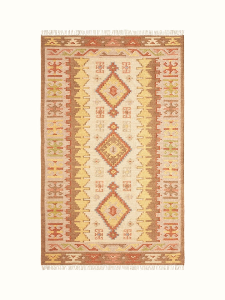 Front view of Traditional Kilim wool panja dhurrie highlighting the intricate kilim pattern and wool texture.