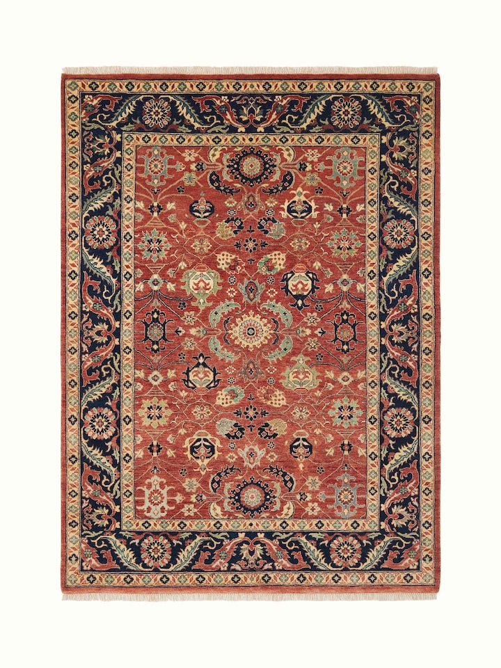 Front view of Traditional Guldasta Rust Bhadohi Wool Hand-knotted Rug showing the full rug and pattern layout
