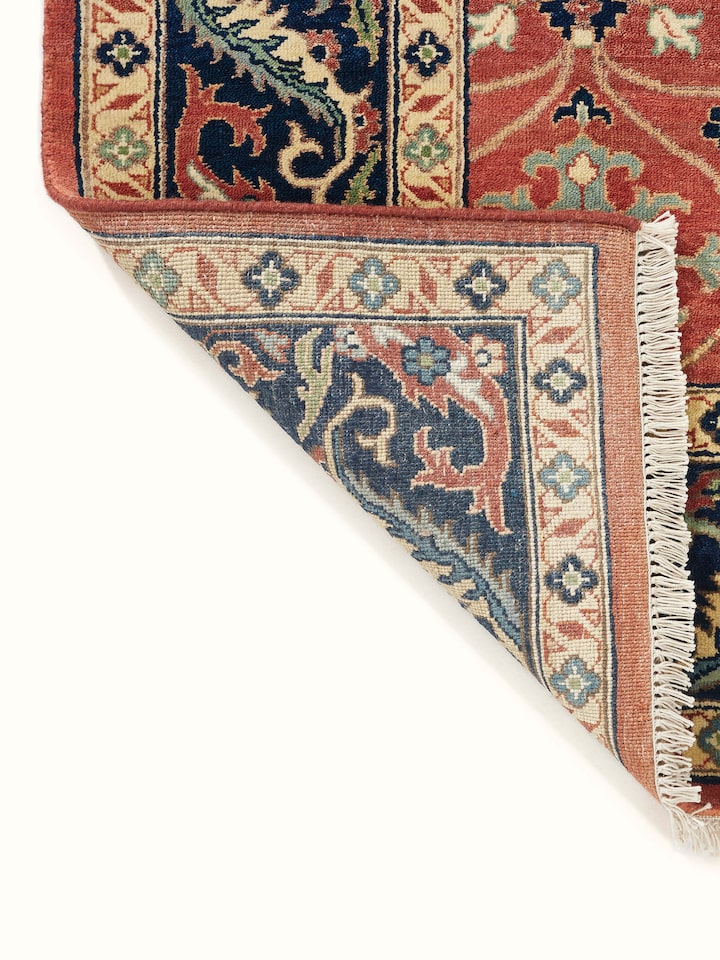 Back view of Traditional Guldasta Rust Bhadohi Wool Hand-knotted Rug showing the reverse weave