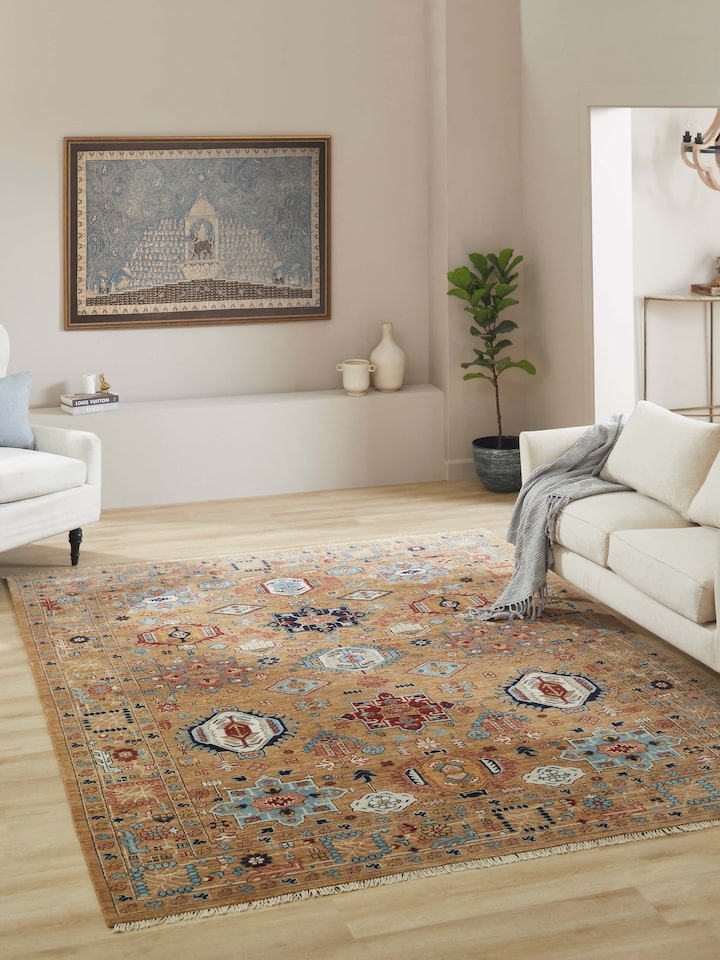 Close-up of Traditional Tabriz beige Bhadohi wool hand-knotted rug