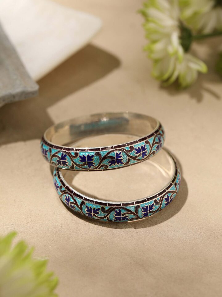 Detailed view of Blue Meenakari Silver Bangles (2 pcs) focusing on fine craftsmanship.