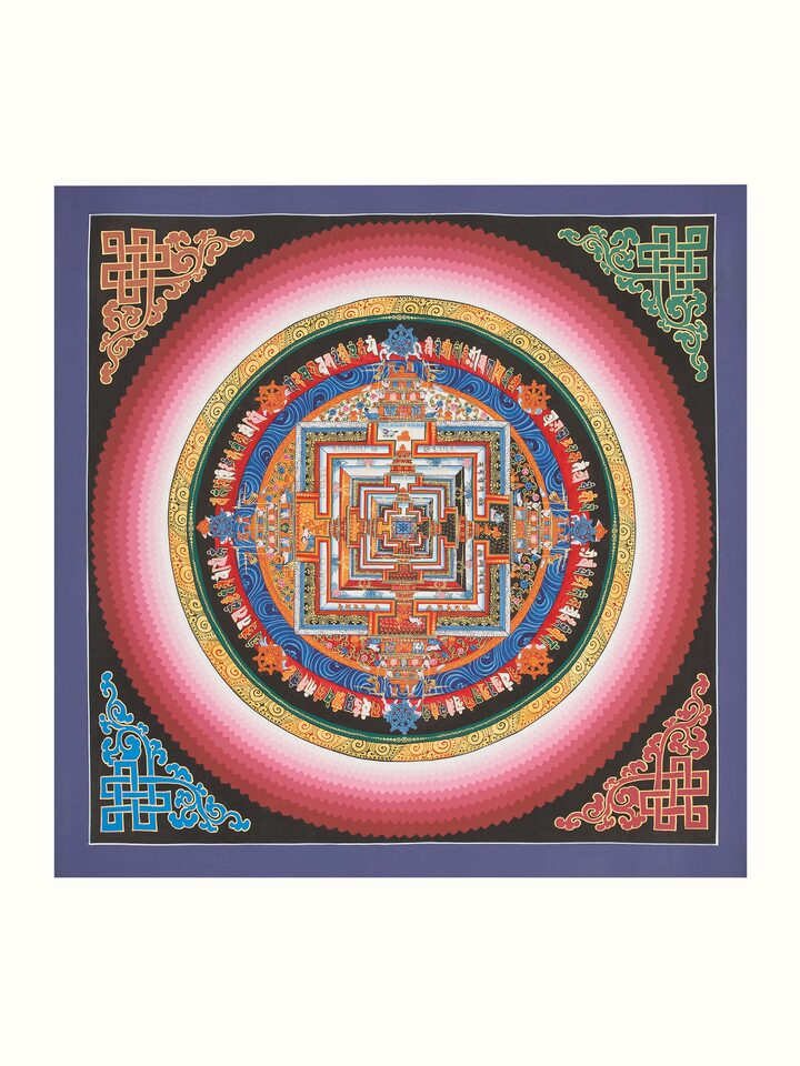 Front view of Thangka mandala painting showcasing vibrant colors and intricate details