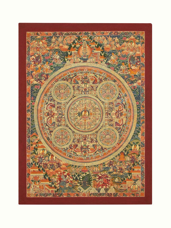 Front view of Thangka Mandala Painting featuring intricate details and vibrant colors in a traditional design