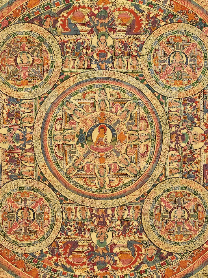 Side view of Thangka Mandala Painting showing the texture and craftsmanship of the artwork