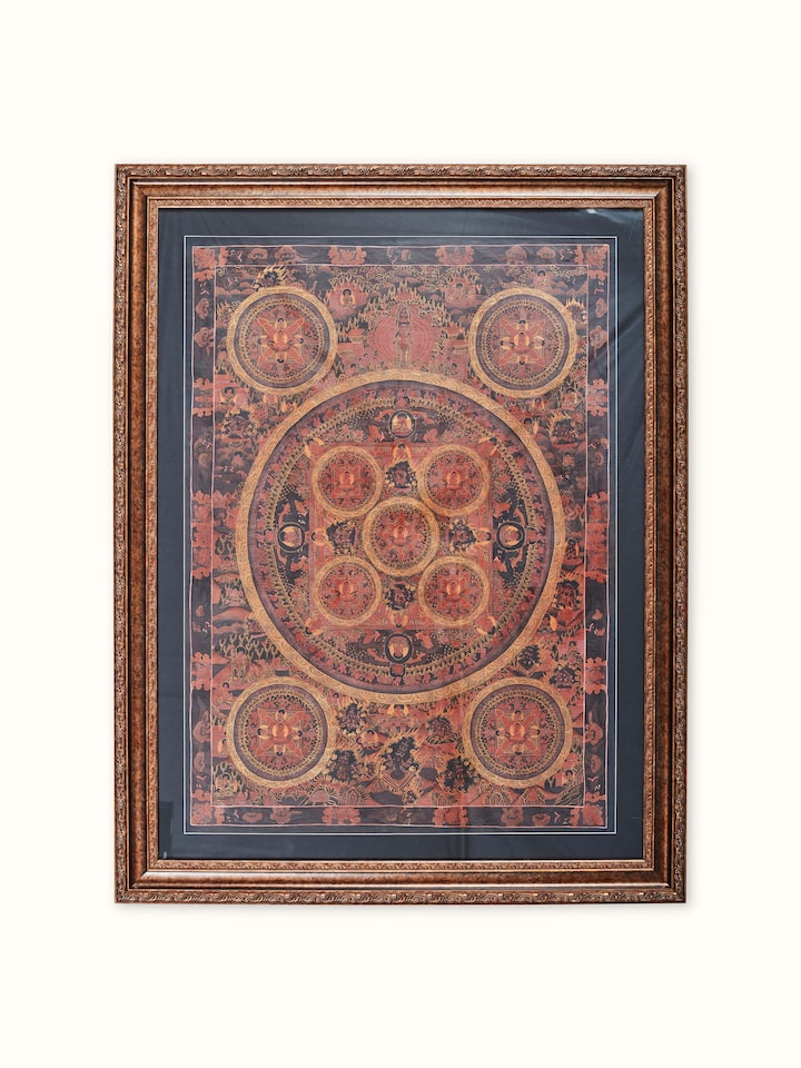 Front view of Thangka Mandala Painting, featuring a detailed mandala design with vibrant colors
