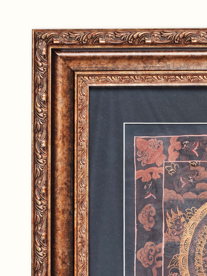 Side view of Thangka Mandala Painting, emphasizing the texture and color depth of the mandala design