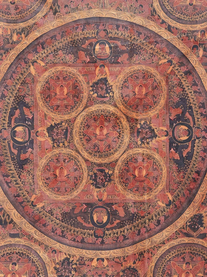 Close-up of Thangka Mandala Painting, highlighting the intricate mandala patterns and detailed brushwork