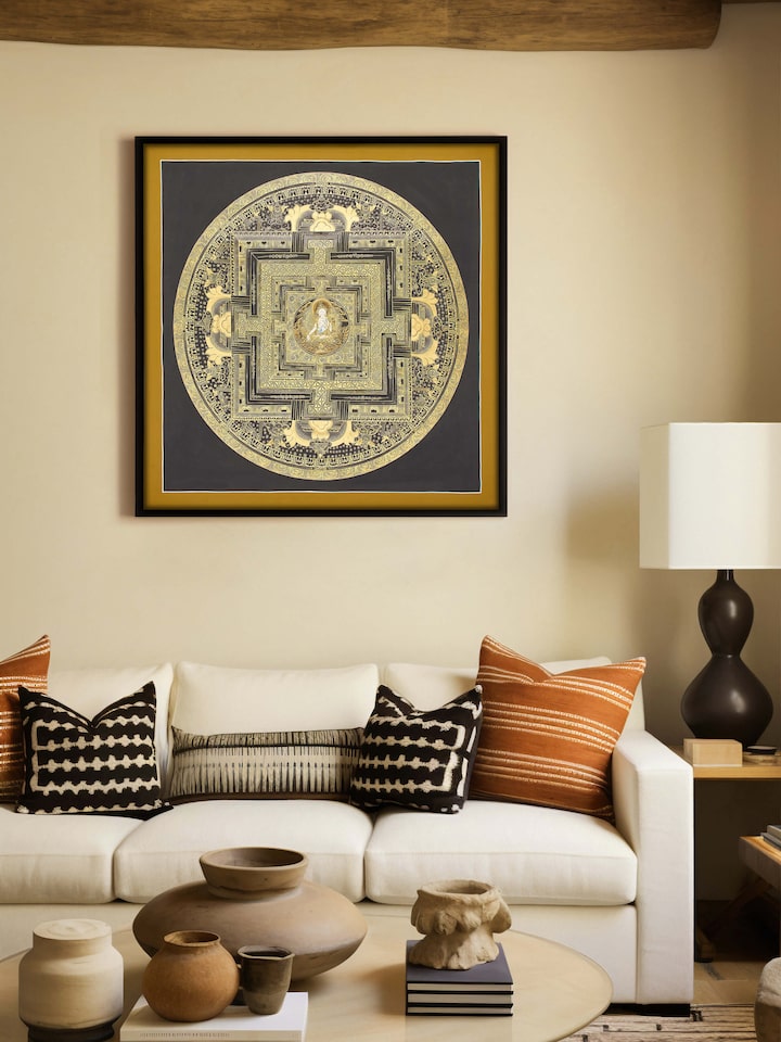 Close-up view of Thangka Mandala Painting, focusing on the detailed brushwork and patterns