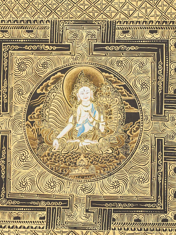 Side view of Thangka Mandala Painting, highlighting the texture and canvas details