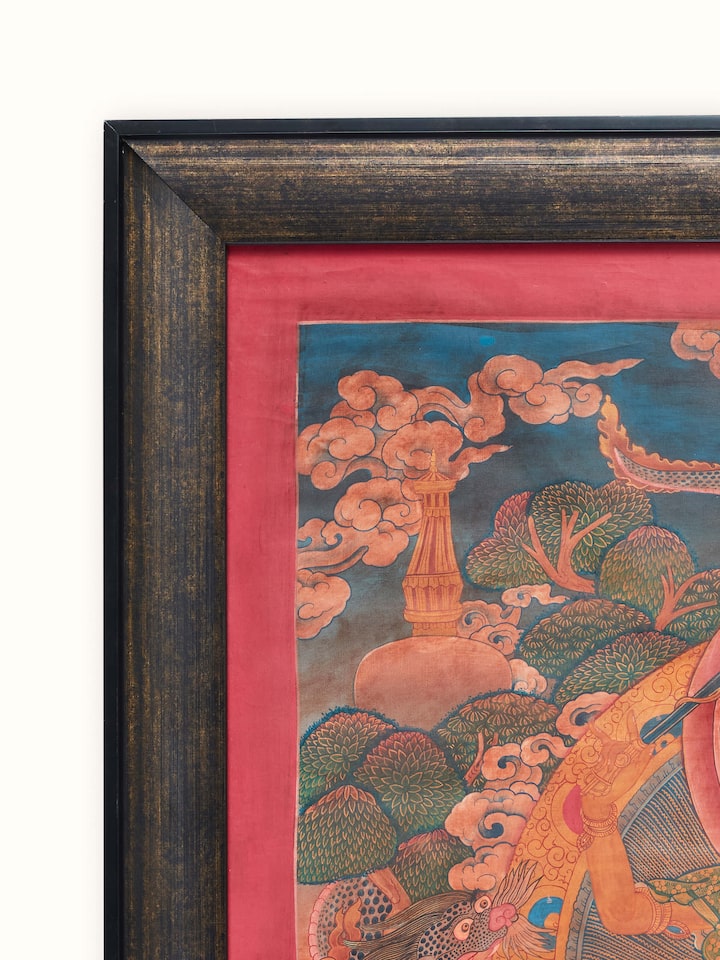 Side view of Thangka Shree Mandala painting highlighting the depth and texture of the artwork