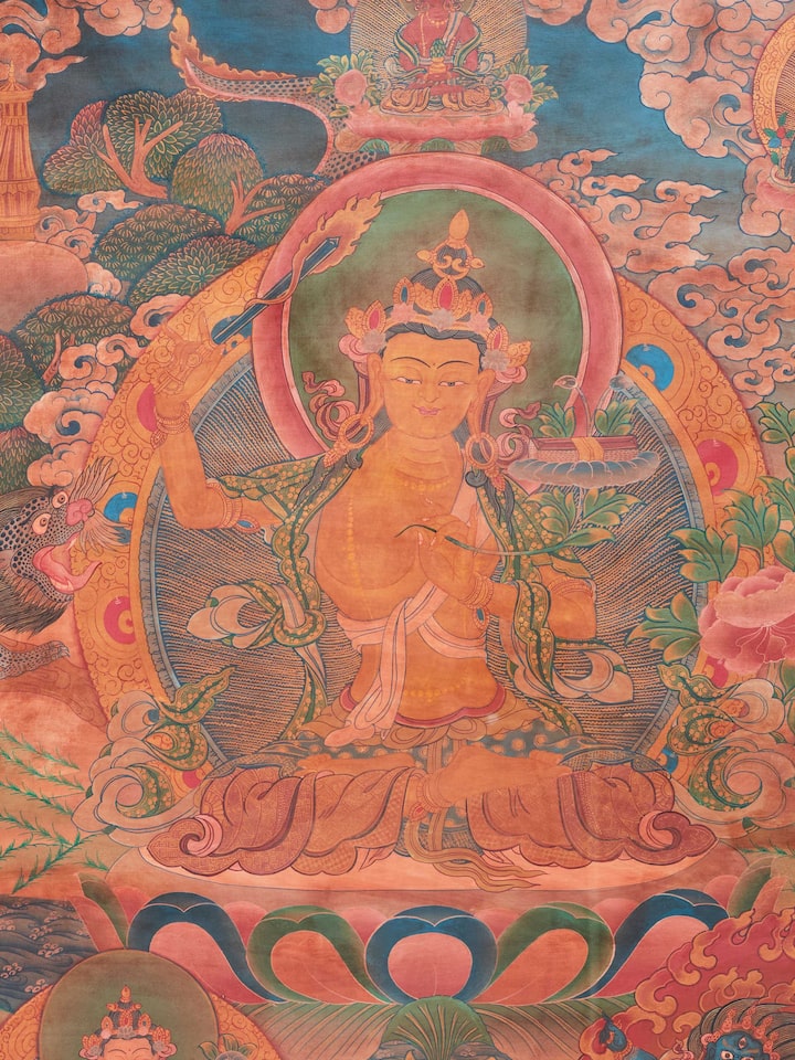 Detailed view of Thangka Shree Mandala painting focusing on the fine brushwork and details