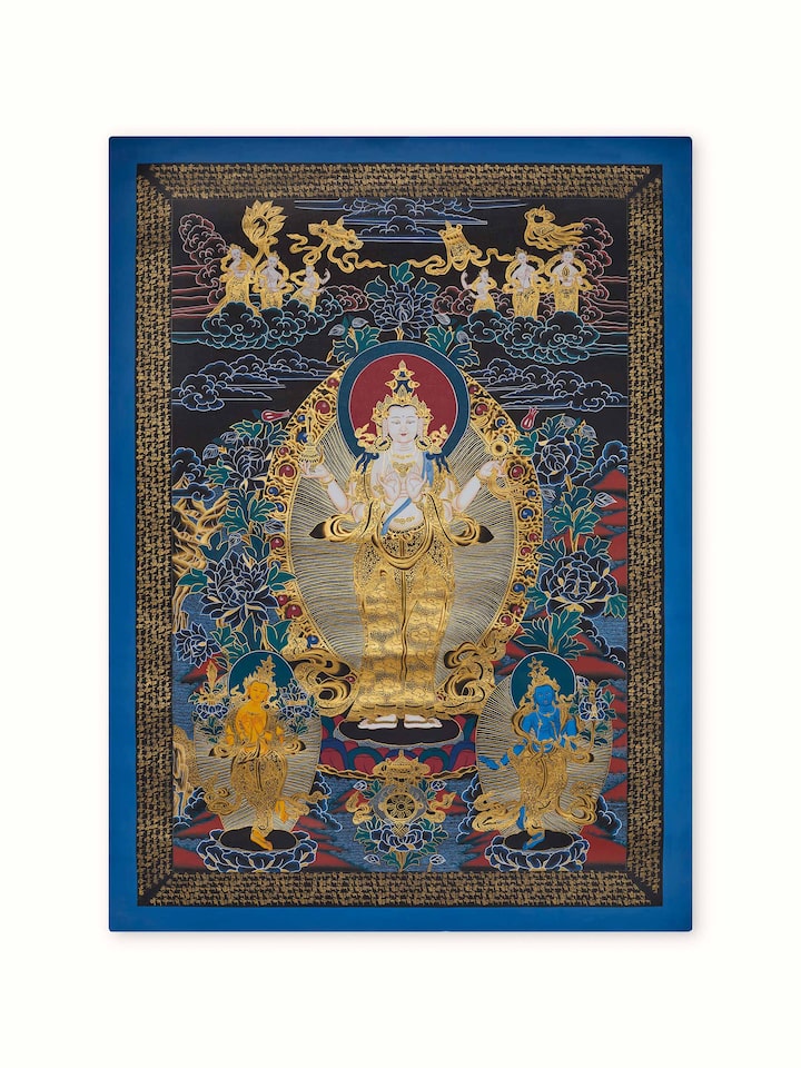 Thangka Compassion Buddha painting with vibrant colors and detailed depiction of Buddha.