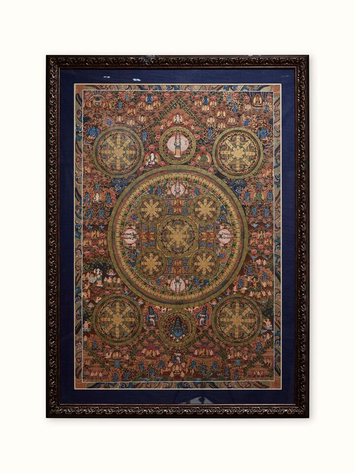 Front view of Thangka mandala painting featuring vibrant and intricate mandala design.