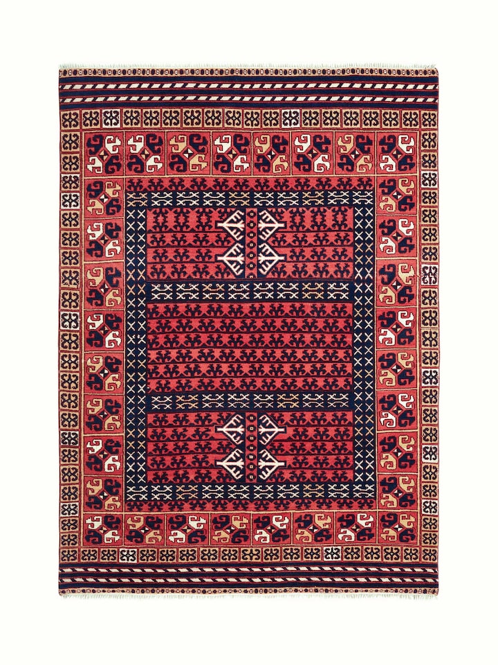 Full view of Kazak tribal red Agra wool hand-knotted rug (6x9 ft), showcasing its vibrant red color and intricate design.