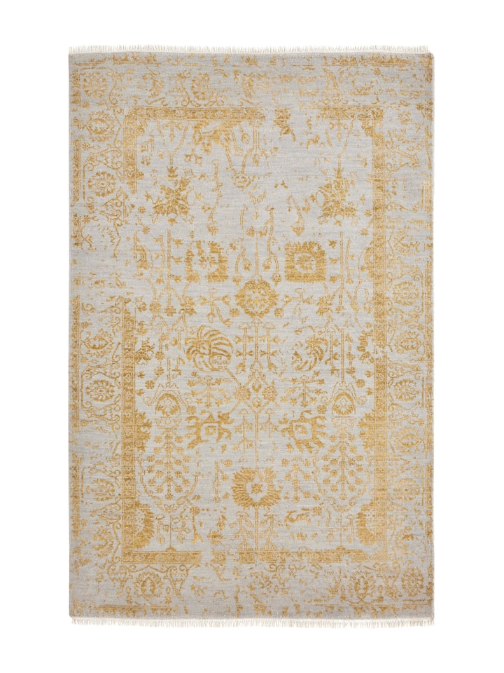 Full view of Distressed Transitional Grey Gold Agra Wool & Viscose Hand-Knotted Rug, showcasing the elegant grey and gold pattern.