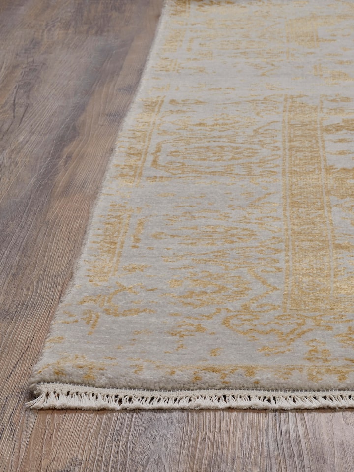 Overhead view of Distressed Transitional Grey Gold Agra Wool & Viscose Hand-Knotted Rug, highlighting the full design and color scheme.