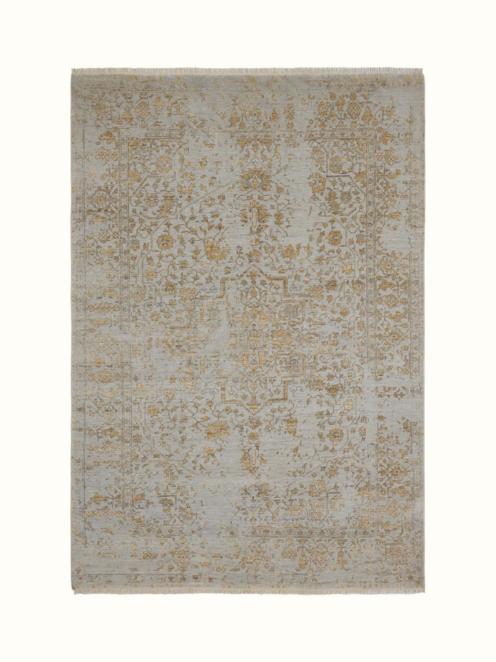 Distressed transitional grey Agra wool & viscose hand-knotted rug, showcasing its intricate pattern and texture