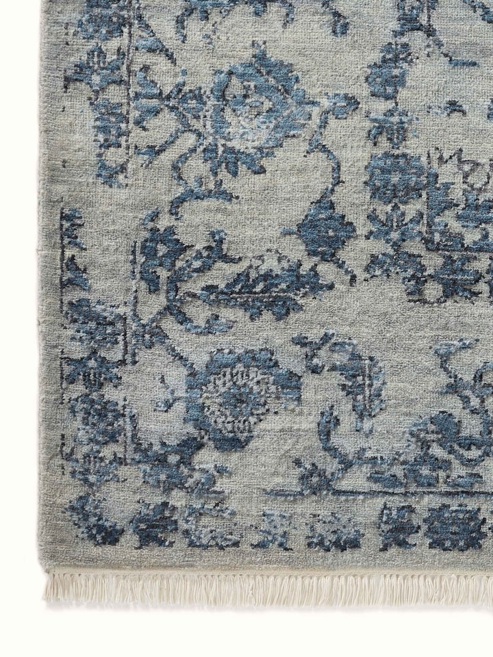 Detailed close-up of the weave and distressed texture of Swadesh Agra Grey Blue Wool Hand-knotted Rug.