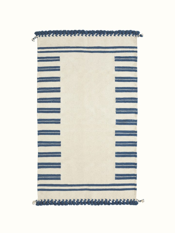 Full view of Geo Border Ivory Blue Gujarat Wool & Cotton Panja Dhurrie (3x5 ft), showcasing the geometric border design and color contrast.