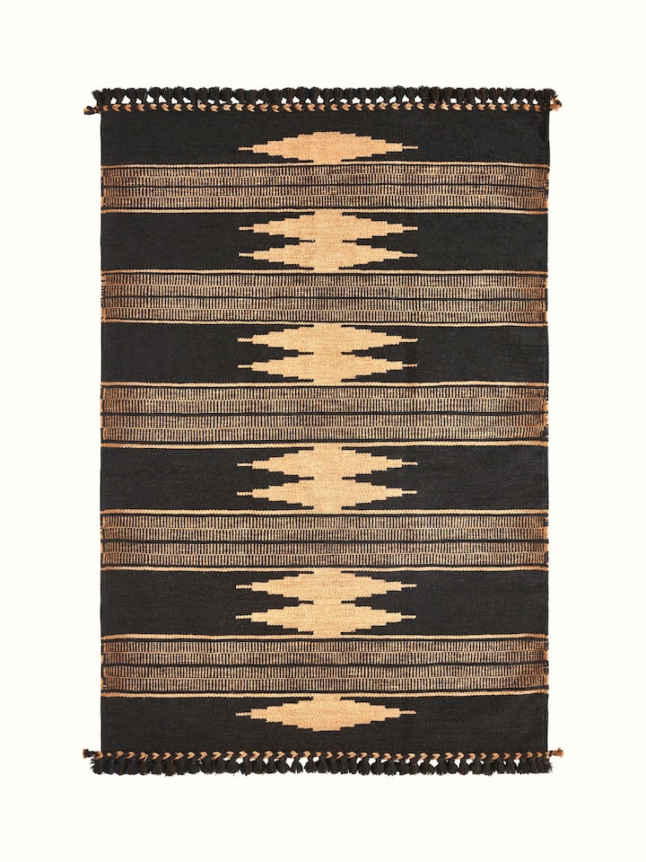 Full view of Geo Diamonds Dark Brown Gujarat Wool & Cotton Panja Dhurrie Kharad (4x6 ft), featuring the geometric diamond pattern and dark brown color.