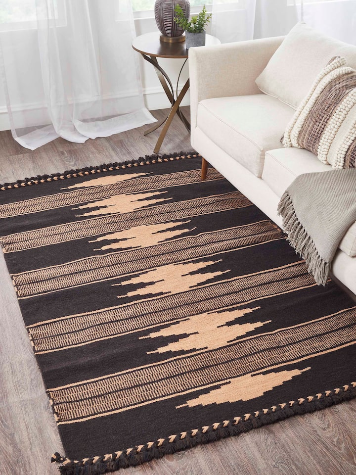 Close-up of Geo Diamonds Dark Brown Gujarat Wool & Cotton Panja Dhurrie Kharad (4x6 ft), highlighting the wool and cotton blend and diamond design.