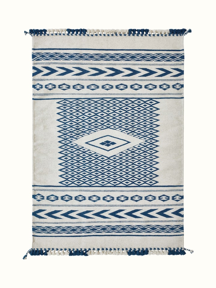 Traditional Geo Ivory Indigo Gujarat Wool & Cotton Panja Dhurrie Kharad, featuring a full view with its geometric design and colors.