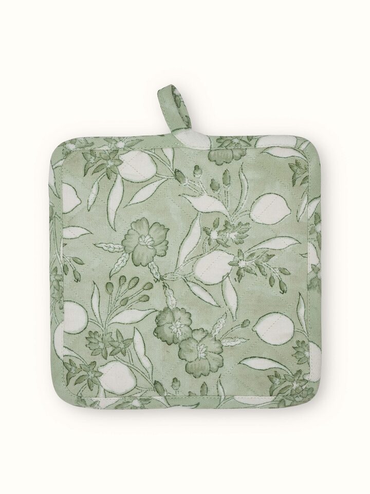 Full view of Anika green floral cotton Sanganeri block printed pot holder showcasing the green floral design and block print.