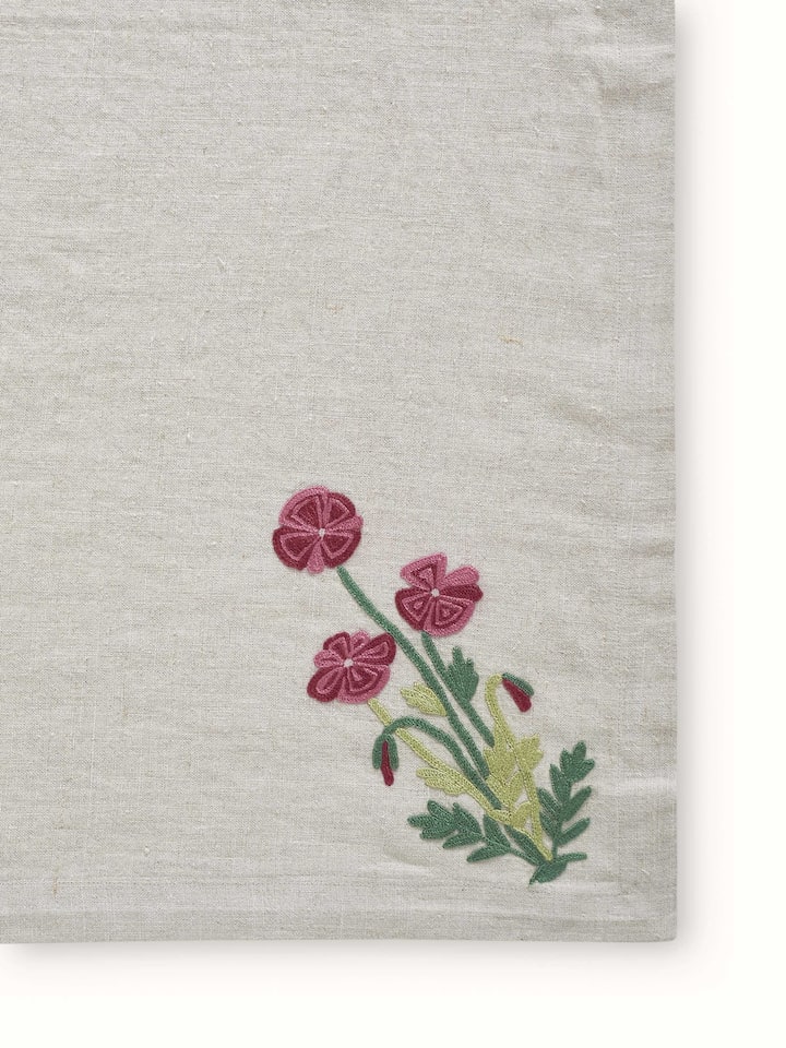 Detailed view of Mughal Beige Floral Linen Kashmir Chain Stitch Embroidered Table Cover, focusing on the craftsmanship and floral pattern.