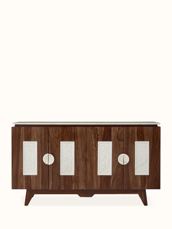 Front view of the carved Sheesham wood sideboard with a marble top, highlighting intricate wood carvings and marble surface.