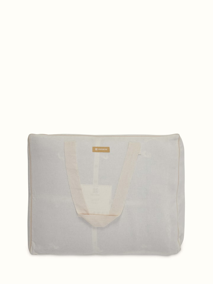 Back view of Anuthi grey solid linen razai embroidered double quilt showing the quilt's reverse side and stitching