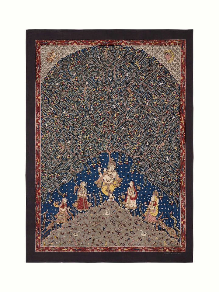 Front view of Mata Ni Pachedi Krishna Artwork by Swadesh displaying its intricate patterns and vibrant colors.