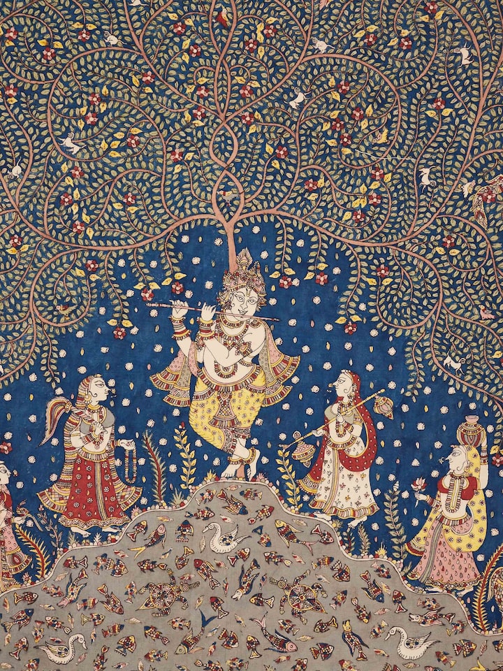 Close-up view of Mata Ni Pachedi Krishna Artwork by Swadesh highlighting the fine detailing of the artwork and intricate designs.