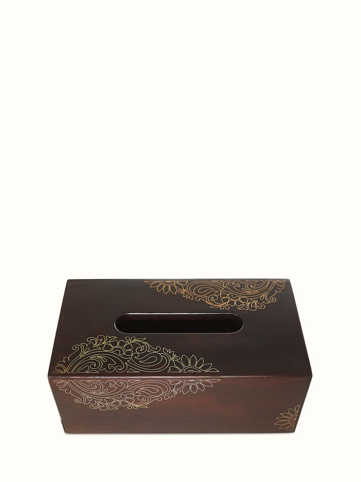 Front view of Tarkashi Sheesham Wood & Brass Inlaid Tissue Box in brown color, showing the intricate inlaid design