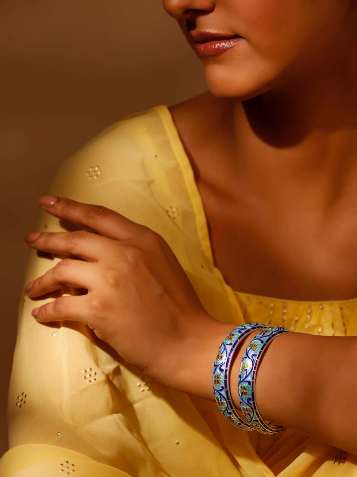 Side view of Blue Meenakari Silver Bangles highlighting detailed enamelwork and elegant curves