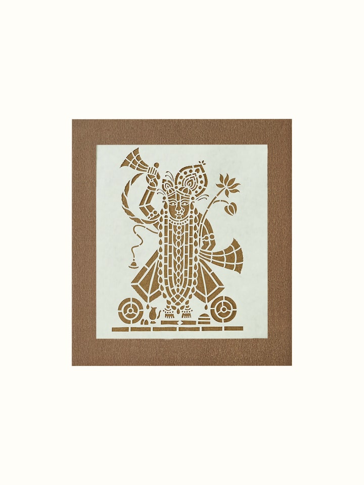 Sanjhi paper stencil Shreenathji wall art, featuring intricate patterns and vibrant colors.