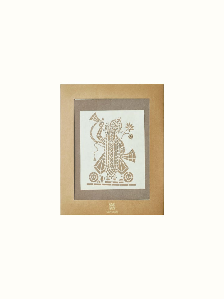 Detailed view of Sanjhi paper stencil Shreenathji wall art, focusing on the intricate patterns and textures.