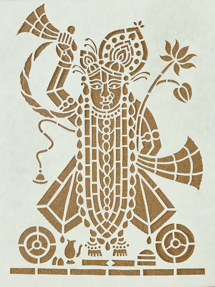 Full view of Sanjhi paper stencil Shreenathji wall art, emphasizing its elaborate design and artistic appeal.