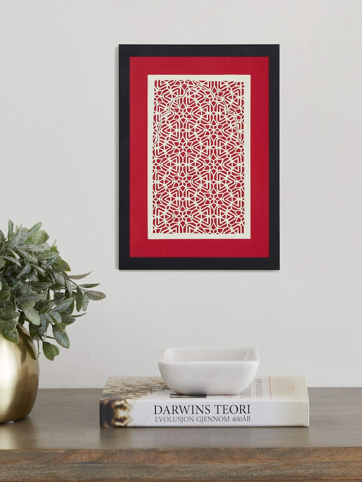 Close-up of Sanjhi Paper Stencil Kata Jaali Wall Art, highlighting the detailed cutwork and patterns