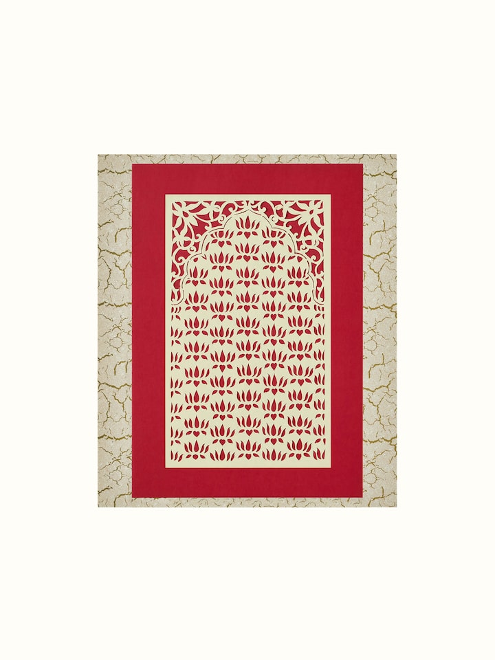 Front view of Sanjhi paper stencil lotus jaali wall art displaying intricate cut-out designs and traditional patterns