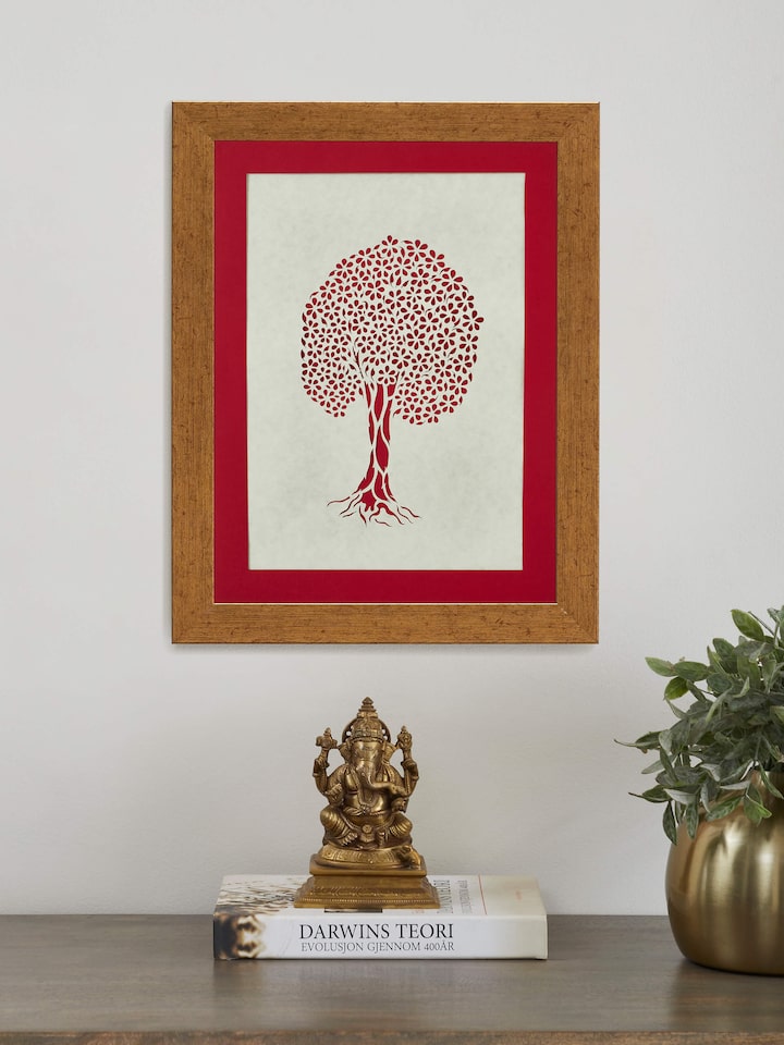 Detailed close-up of Sanjhi paper stencil Mughal tree wall art showcasing artistry