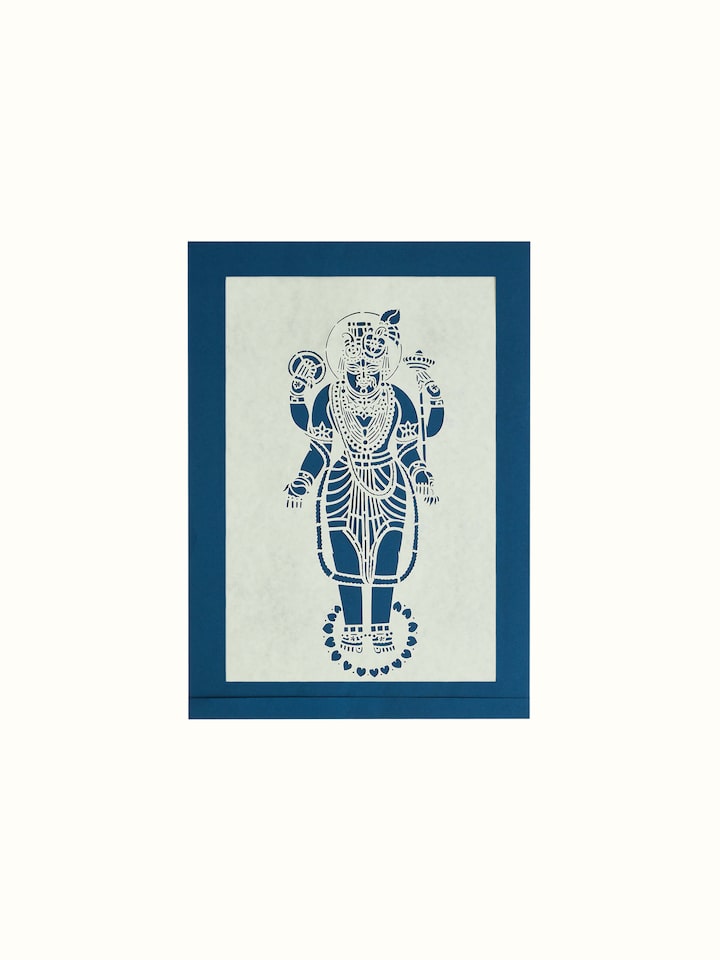 Front view of Sanjhi paper stencil Lord Vishnu Swaroop wall art, showcasing the detailed stencil work and design.