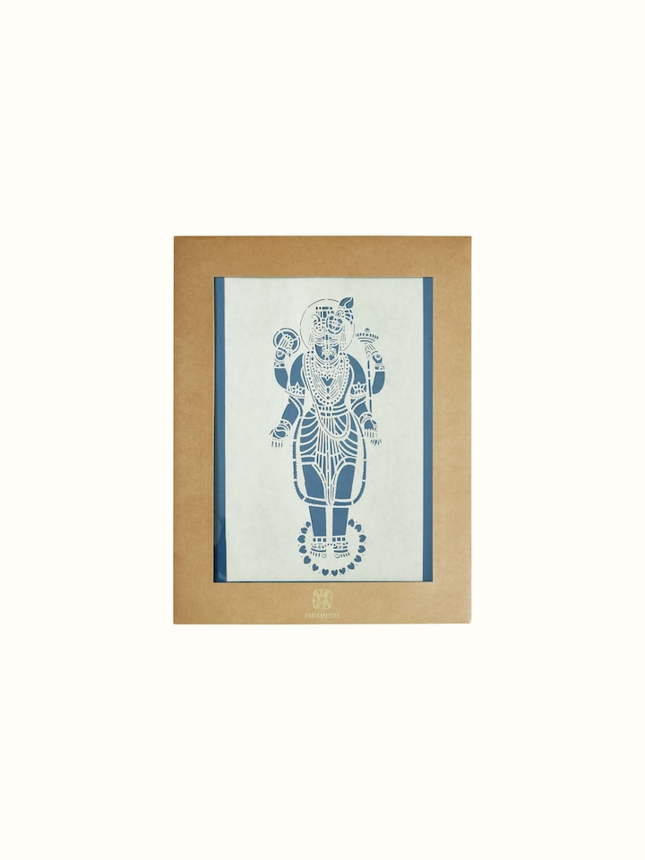 Close-up of Sanjhi paper stencil Lord Vishnu Swaroop wall art, focusing on the fine stencil work and intricate design.