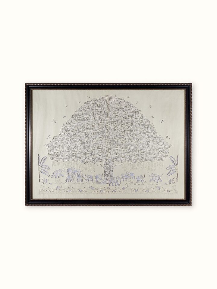 Front view of Sanjhi Paper Stencil Elephants Under Banyan Tree Wall Art showcasing detailed stencil design and artwork.