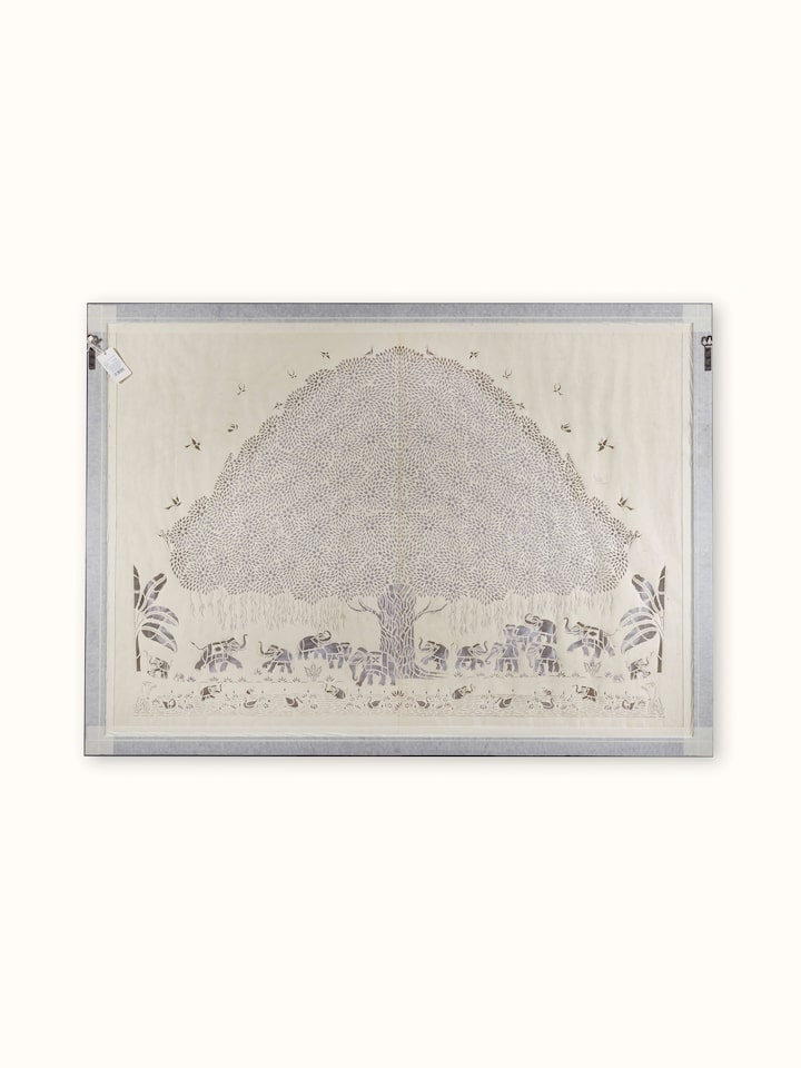 Back view of Sanjhi Paper Stencil Elephants Under Banyan Tree Wall Art emphasizing the overall artwork and stencil design.