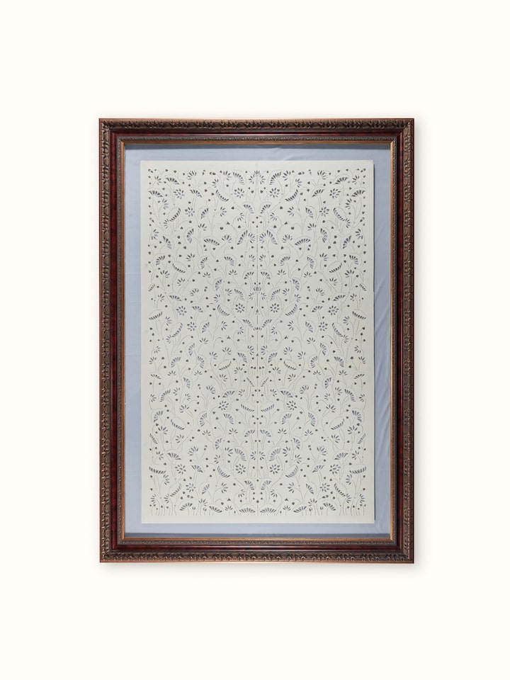 Front view of Sanjhi paper stencil kamal talai wall art displaying its intricate lotus design