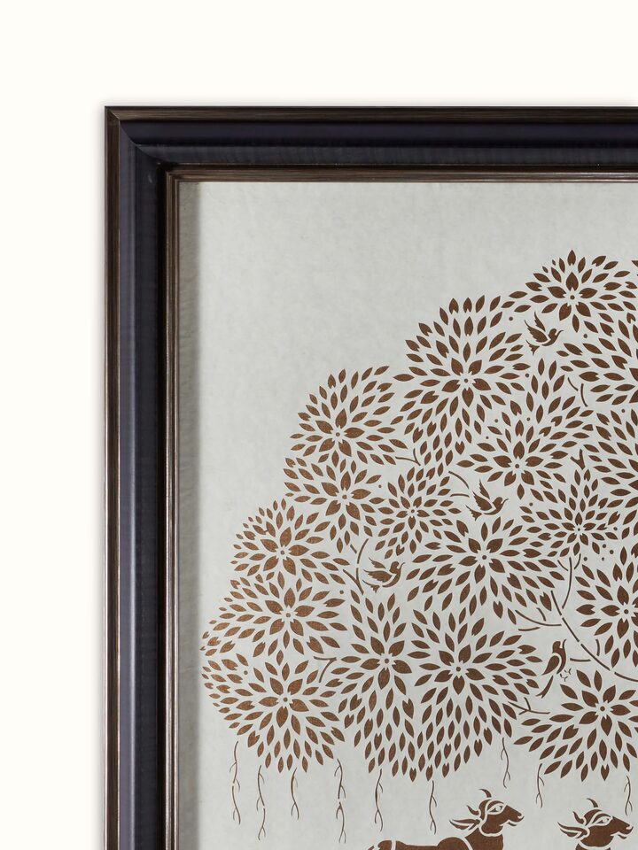 Side view of Sanjhi paper stencil wall art highlighting its intricate design elements