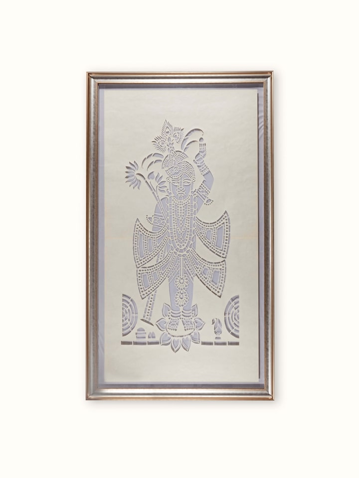 Front view of Sanjhi paper stencil wall art featuring Kamal Katsya Shringar of Shreenathji with intricate design