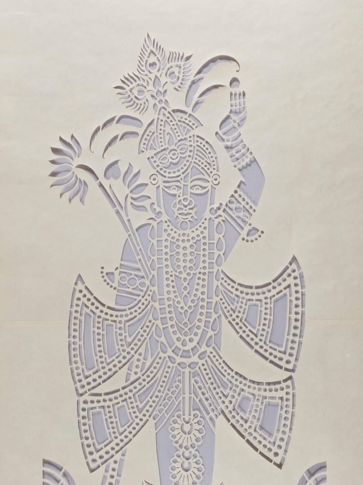 Side view of Sanjhi paper stencil wall art displaying detailed patterns and traditional craftsmanship