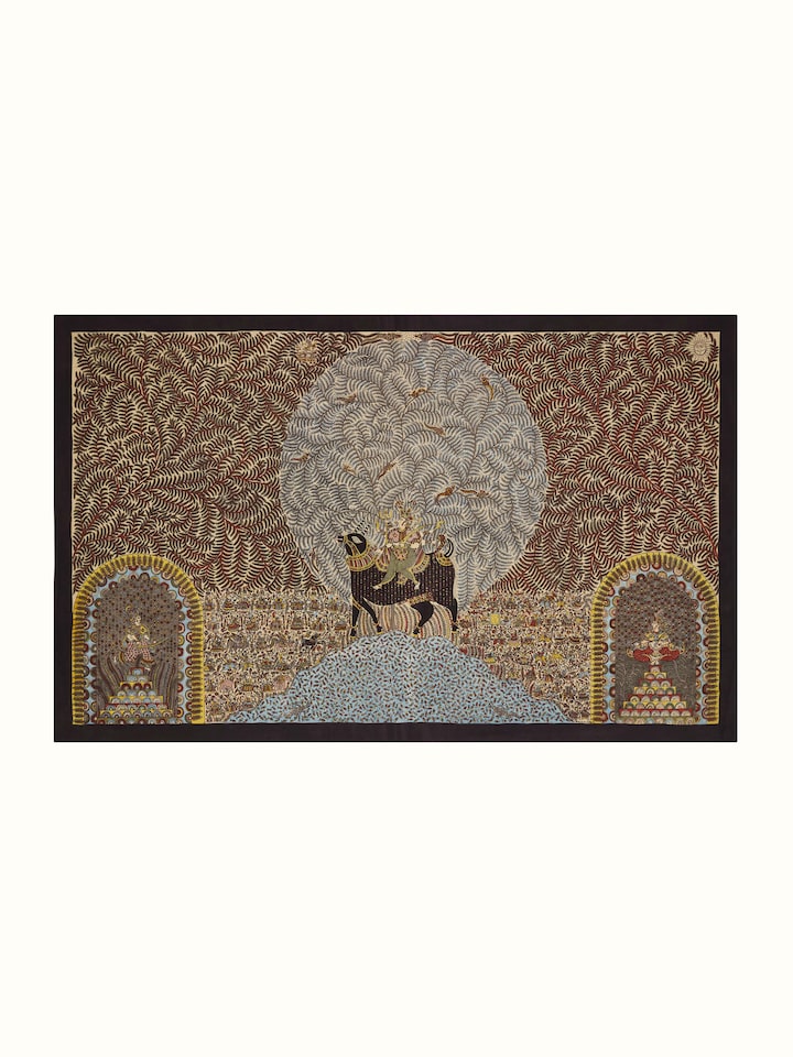 Front view of Mata Ni Pachedi Goddess on Bull Artwork depicting the vibrant colors and intricate details of the traditional artwork